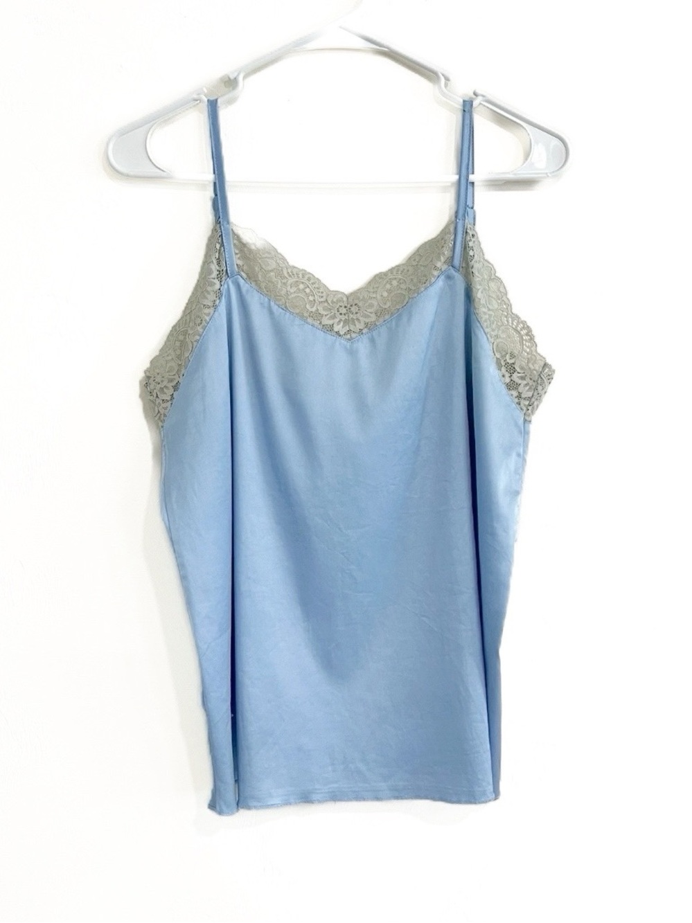 Satin Sheer Lace Camisole Tank Top Blue Large Babydoll Fairy Dainty Cottagecore
